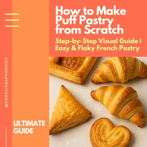 Pode incluir: Uma imagem mostrando vários doces folhados dourados, incluindo um quadrado, um triângulo, dois croissants e um doce em forma de coração. A sobreposição de texto diz "How to Make Puff Pastry from Scratch" e "Step-by-Step Visual Guide | Easy & Flaky French Pastry."