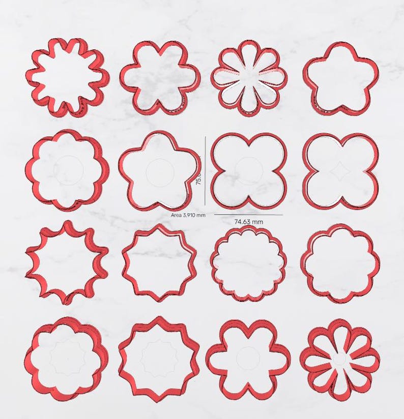 May include: A collection of red flower-shaped cookie cutters in various designs. The cutters are displayed on a white surface. The image includes measurements in millimeters, with one cutter measuring 74.65 mm.