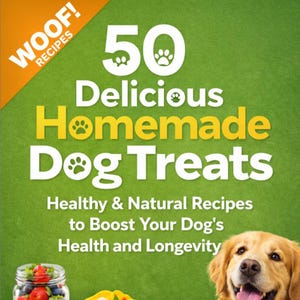 May include: A book cover with the title "50 Delicious Homemade Dog Treats" in white and yellow text on a green background. The cover also includes the text "Healthy & Natural Recipes to Boost Your Dog's Health and Longevity" and a photo of a Golden Retriever.