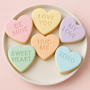 May include: A plate of heart-shaped biscuits in pastel colours. Each biscuit has a different message: "BE MINE", "LOVE YOU", "MY LOVE", "HUG ME", "SWEET HEART", and "XOXO". The biscuits have a light brown edge.