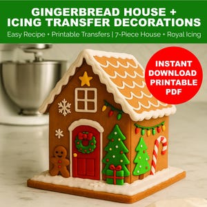 Gör-det-själv-pepparkakshus-kit: Utskrivbar PDF med Royal Icing-transfers