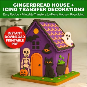 Op de afbeelding: Een peperkoekhuisje versierd met Halloween-thema glazuuroverdrachten. Het paarse huis heeft een zwarte kat, een skelet, een pompoen, een heksenhoed en een spook. Het dak is oranje en paars. Tekst op de afbeelding luidt "GINGERBREAD HOUSE + ICING TRANSFER DECORATIONS".