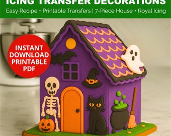 DIY Gingerbread Halloween House Kit: Printable Cookie Template & Royal Icing Transfers (PDF Download
