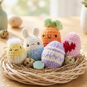 Könnte beinhalten: Ein Weidenkorb enthält eine Sammlung handgefertigter Osterdekorationen. Der Korb enthält ein gelbes Küken, einen weißen Hasen, eine orangefarbene Karotte und drei dekorative Eier. Die Eier sind rosa, lila und weiß. Die Dekorationen sind aus Garn.