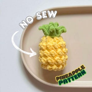 May include: A handmade yellow crochet pineapple with a green top, resting on a light pink oval plate. The text "NO SEW" and "PINEAPPLE PATTERN" are visible in the image.