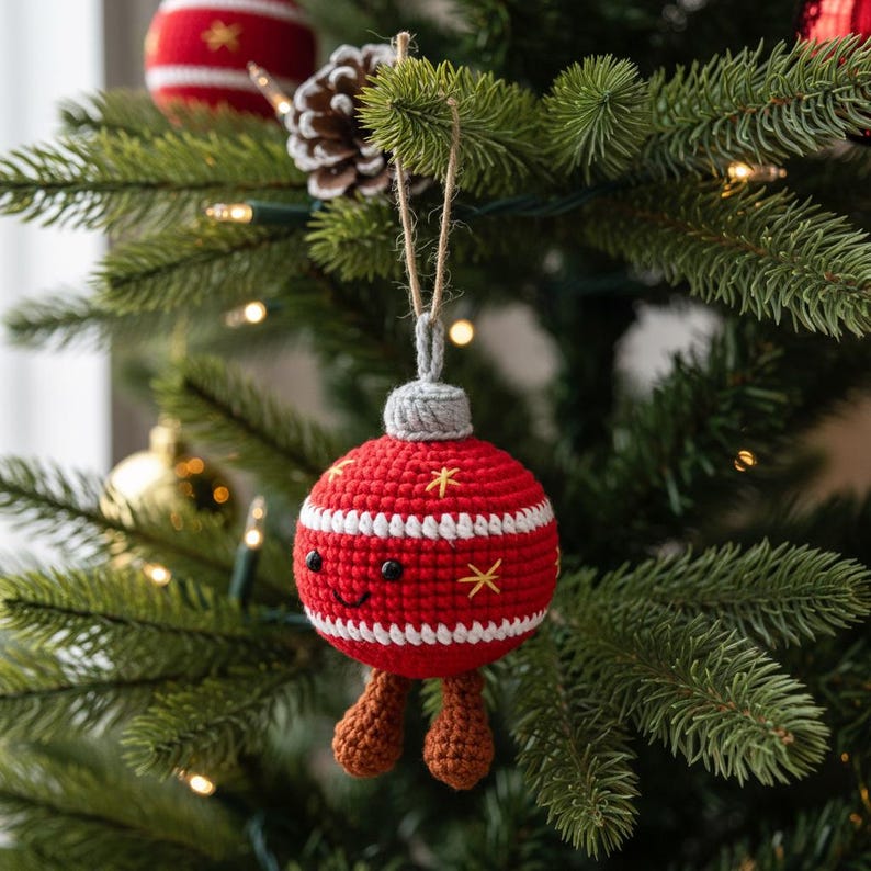 Peut inclure: Une boule de No&euml;l rouge et blanche crochet&eacute;e, avec un visage souriant et des jambes marron. L'ornement est d&eacute;cor&eacute; d'&eacute;toiles jaunes et est suspendu &agrave; une ficelle. La boule est accroch&eacute;e &agrave; un sapin de No&euml;l vert.