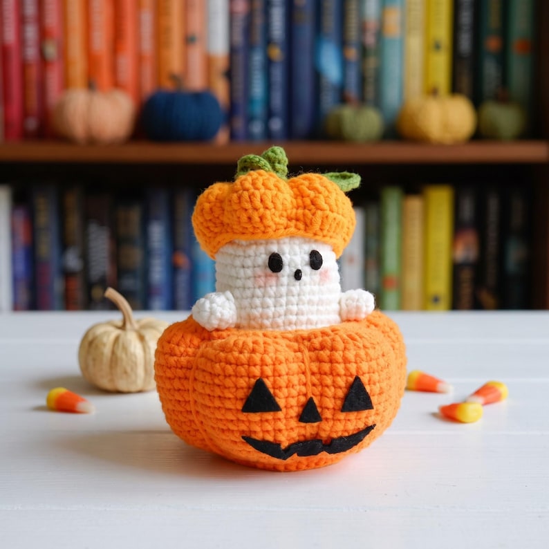 May include: A crocheted white ghost figure with black eyes and pink cheeks, wearing a small orange pumpkin hat, sitting inside a larger orange crocheted pumpkin with a black felt jack-o'-lantern face, accompanied by small candy corn pieces.
