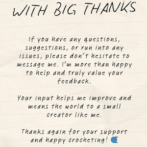 May include: A handwritten note on a cream-colored paper with the text "A SMALL NOTE WITH BIG THANKS". The note includes a message about feedback and support, signed "FLORYNNA CROCHET".