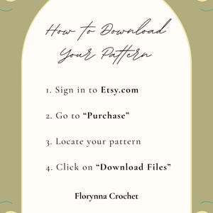 May include: A guide on a sage green background with a white arched frame. The text reads "How to Download Your Pattern" followed by numbered steps to download a pattern from Etsy. The Florynna Crochet logo is at the bottom.