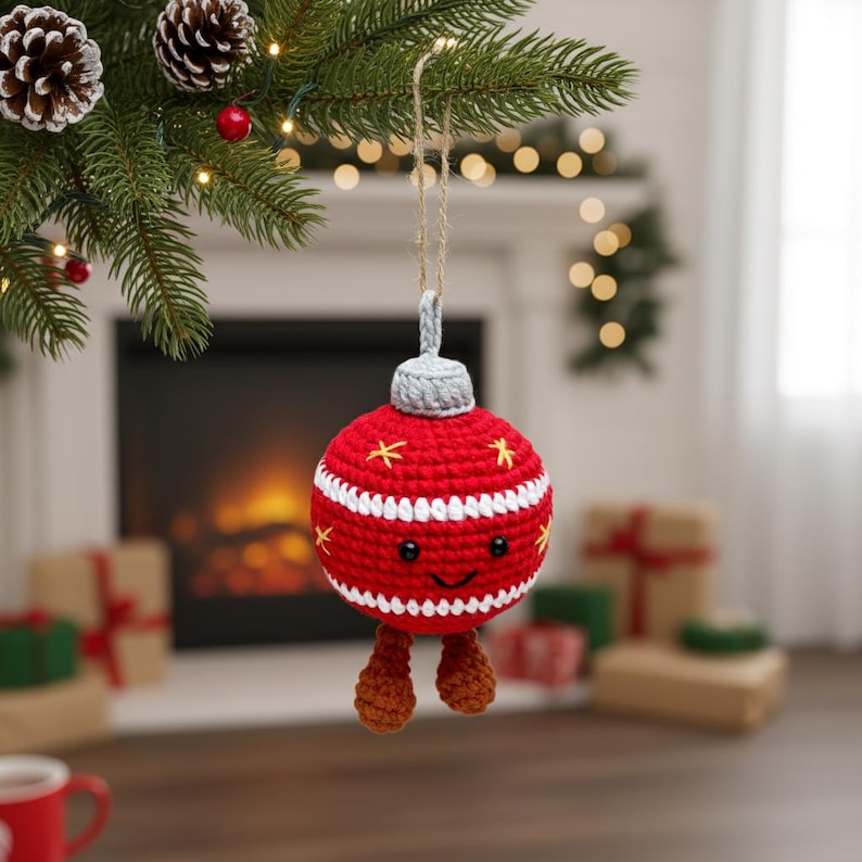 Peut inclure: Une d&eacute;coration de No&euml;l faite &agrave; la main, rouge et blanche, en crochet, avec un visage souriant et des jambes marron. L'ornement est d&eacute;cor&eacute; d'&eacute;toiles jaunes et d'une bande blanche. Il est suspendu &agrave; une ficelle en corde naturelle.