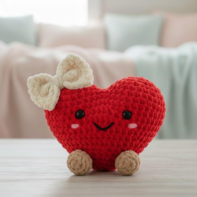 May include: A handmade, red crocheted heart-shaped plush toy with a cream-colored bow. The toy has black eyes, rosy cheeks, and small tan feet. The plush is sitting on a light-colored wooden surface.