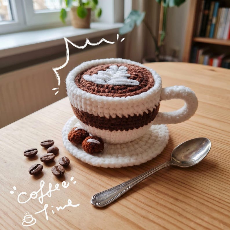 May include: A crocheted coffee cup in white and brown, with a white leaf design on top. It sits on a white saucer, with two small brown crocheted items. Coffee beans and a spoon are on the wooden table. The text "coffee time" is written on the table.