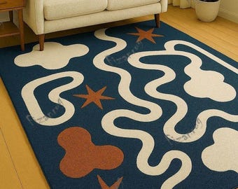 Abstrakter Marineblauer Bereich Teppich, Moderne Gewellte Linie Teppich, Retro Funky Teppich, Handgetufteter Statement Teppich