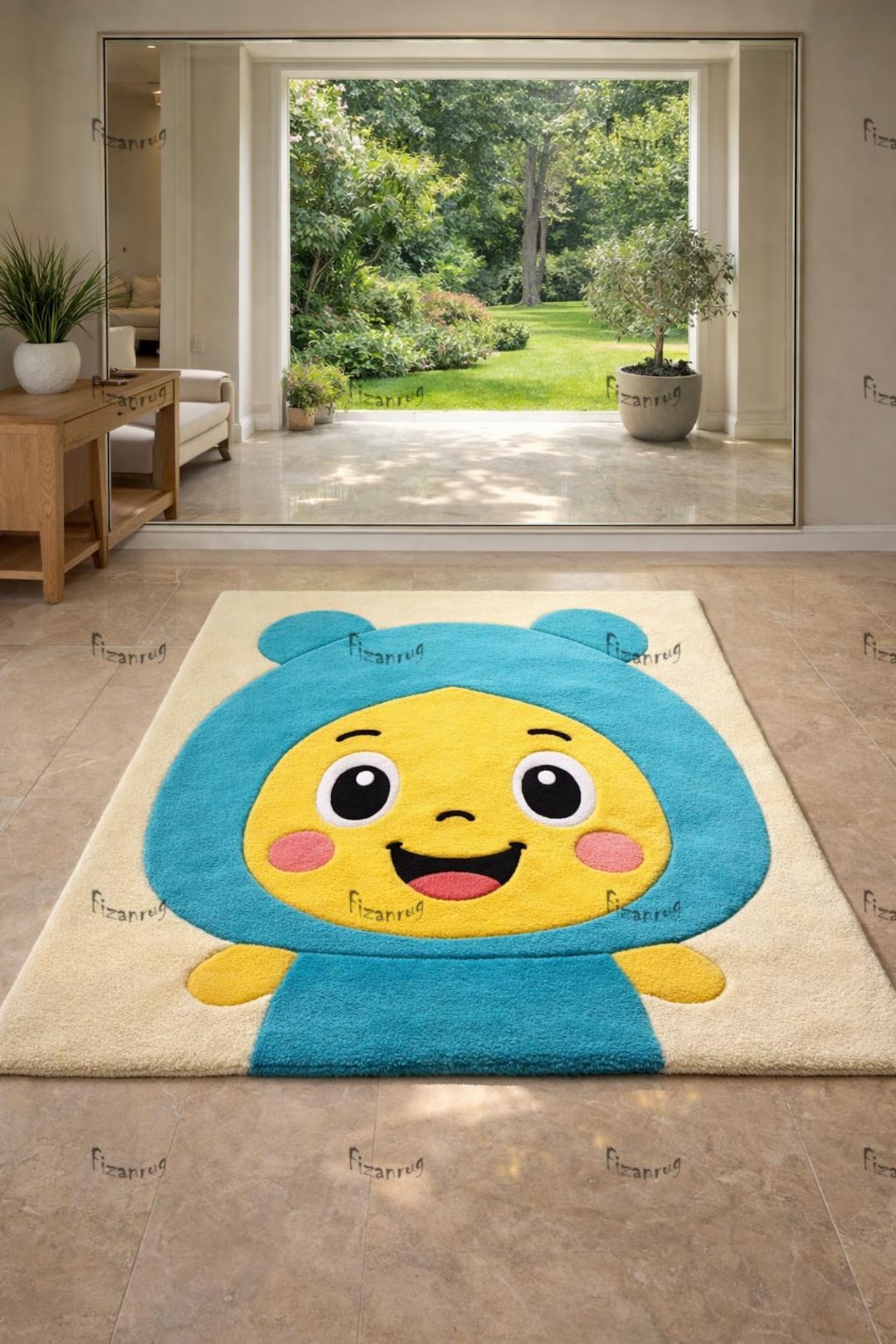 Cute Cartoon Hand Tufted Rug, Kids Character Area Rug, Blue Yellow ...