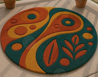 May include: A circular rug with a retro design. The rug has a teal, orange, and yellow pattern with leaf and circle shapes. The rug is on a concrete surface, with potted plants and a white railing in the background.