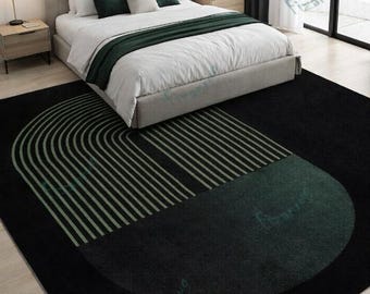 Modern geometrisch vloerkleed, zwart groen abstract tapijt, luxe handgetuft tapijt, minimalistisch slaapkamertapijt, moderne woonkamer decor beige