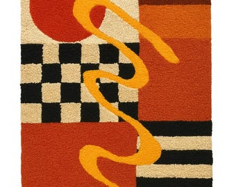 Alfombra abstracta tejida a mano, alfombra geométrica de tablero de ajedrez de estilo moderno de mediados de siglo.