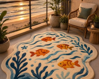 Ocean Fish Hand Tufted Rug, Coastal Wool Area Rug, Nautical Nursery Carpet, Handmade Sea Life Rug, Kids Room Decor, Custom Rug