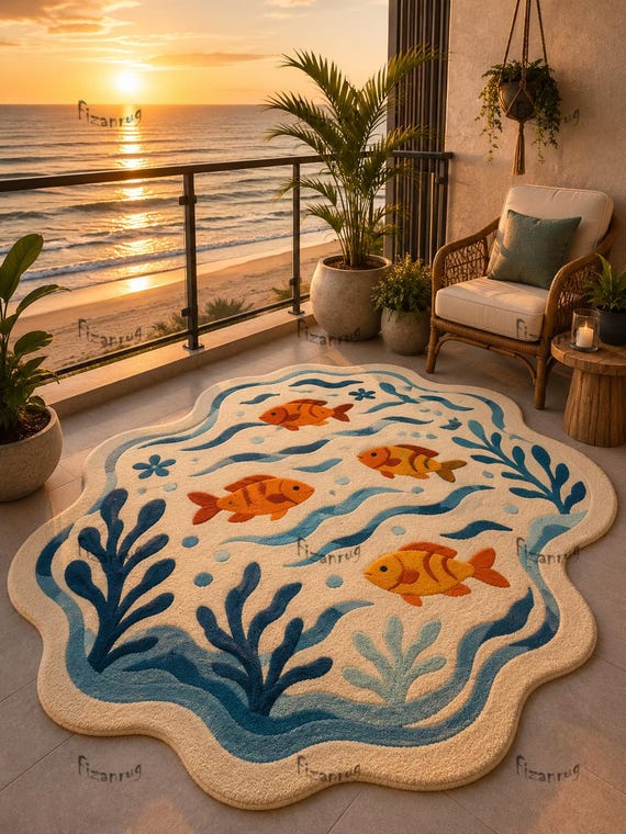 Ocean Fish Hand Tufted Rug, Coastal Wool Area Rug, Nautical Nursery Carpet, Handmade Sea Life Rug, Kids Room Decor, Custom Rug