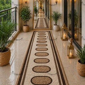 Peut inclure: Un long tapis rectangulaire avec un fond crème et un motif répétitif d'ovales bruns. Le tapis est bordé de nuances de marron et est posé sur un sol poli. La scène comprend des plantes en pot, des lanternes et un grand miroir.