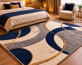 Modern Hand Tufted Wool Rug, Blue Beige Abstract Area Rug, Luxury Geometric Carpet, Contemporary Living Room Rug, Custom Handmade Rug