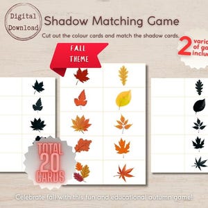 Könnte beinhalten: Ein digitaler Download eines Schattenzuordnungsspiels mit Herbstthema. Das Spiel enthält Farbkarten und Schattenkarten mit verschiedenen Blättern. Das Spiel enthält 20 Karten und 2 Spielvarianten. Der Text lautet: "Feiern Sie den Herbst mit diesem lustigen und lehrreichen Herbstspiel!"