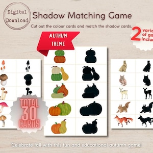 Könnte beinhalten: Ein digitaler Download eines Schattenspiels mit Herbstthema. Das Spiel enthält 30 Karten mit farbenfrohen Illustrationen von Kürbissen, Kürbissen, Pilzen und Waldtieren sowie deren Schatten.
