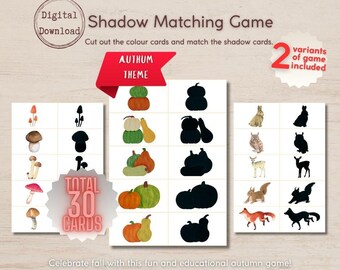 May include: A digital download shadow matching game with an autumn theme. The game includes 30 cards with colorful illustrations of pumpkins, gourds, mushrooms, and woodland animals, along with their corresponding shadows.