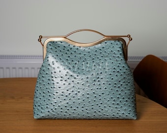 Dora Handcrafted Embossed Ostrich Leather Clutch: Retro Oversize Kiss Lock Bag gift for her