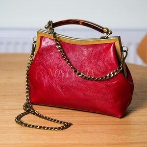 Mae Handmade genuine leather kiss lock clutch Retro crossbody bag gift for her image 13