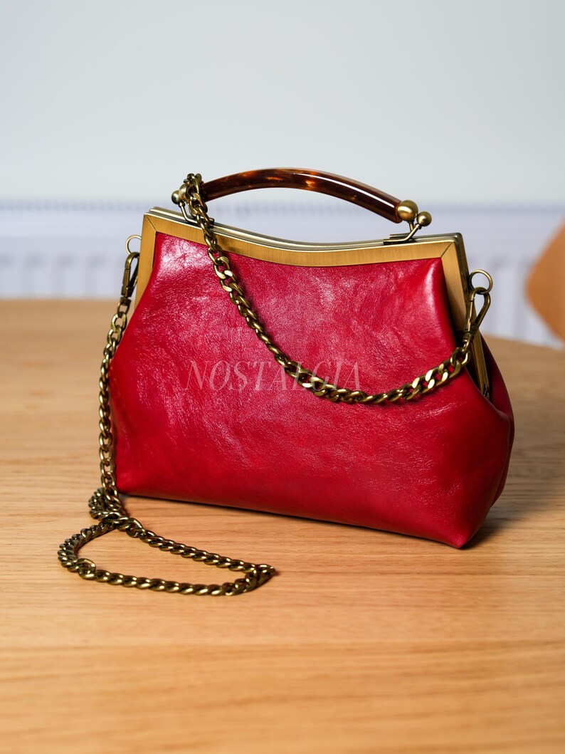 Mae Handmade genuine leather kiss lock clutch Retro crossbody bag gift for her image 13