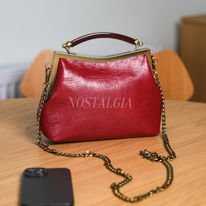 Mae Handmade genuine leather kiss lock clutch Retro crossbody bag gift for her image 14