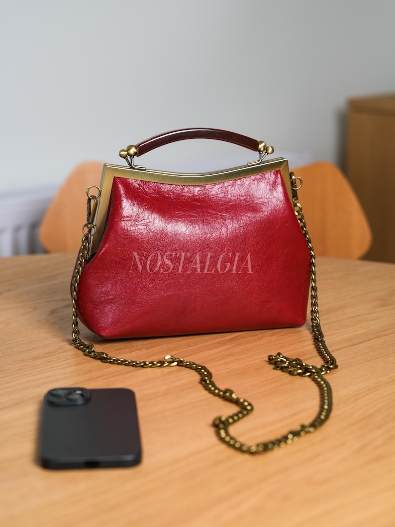 Mae Handmade genuine leather kiss lock clutch Retro crossbody bag gift for her image 14