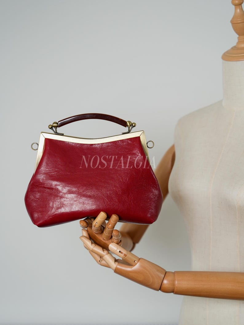 Mae Handmade genuine leather kiss lock clutch Retro crossbody bag gift for her image 18