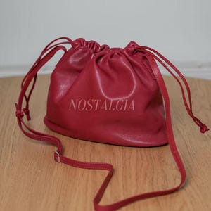 Genuine Soft Lambskin Drawstring Bucket Bag, Leather Crossbody Pouch, Vintage Red Luxury Ruched Shoulder Purse Handmade