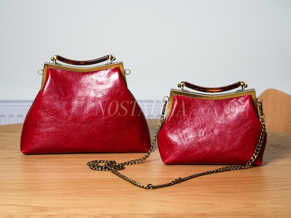 Handmade genuine cow leather crossbody clutch for women: Kiss Lock Frame, Retro Hardware handmade in Germany