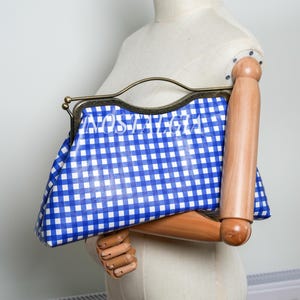 Genuine cow leather blue Gingham kisslock clutch retro crossbody clasp bag for women