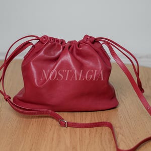 Genuine Soft Lambskin Drawstring Bucket Bag, Leather Crossbody Pouch, Vintage Red Luxury Ruched Shoulder Purse Handmade