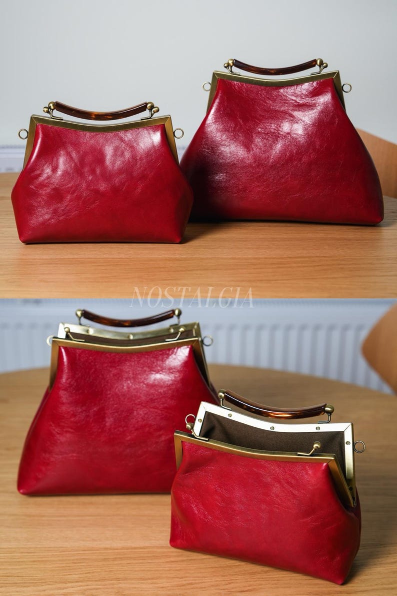 Mae Handmade genuine leather kiss lock clutch Retro crossbody bag gift for her image 7
