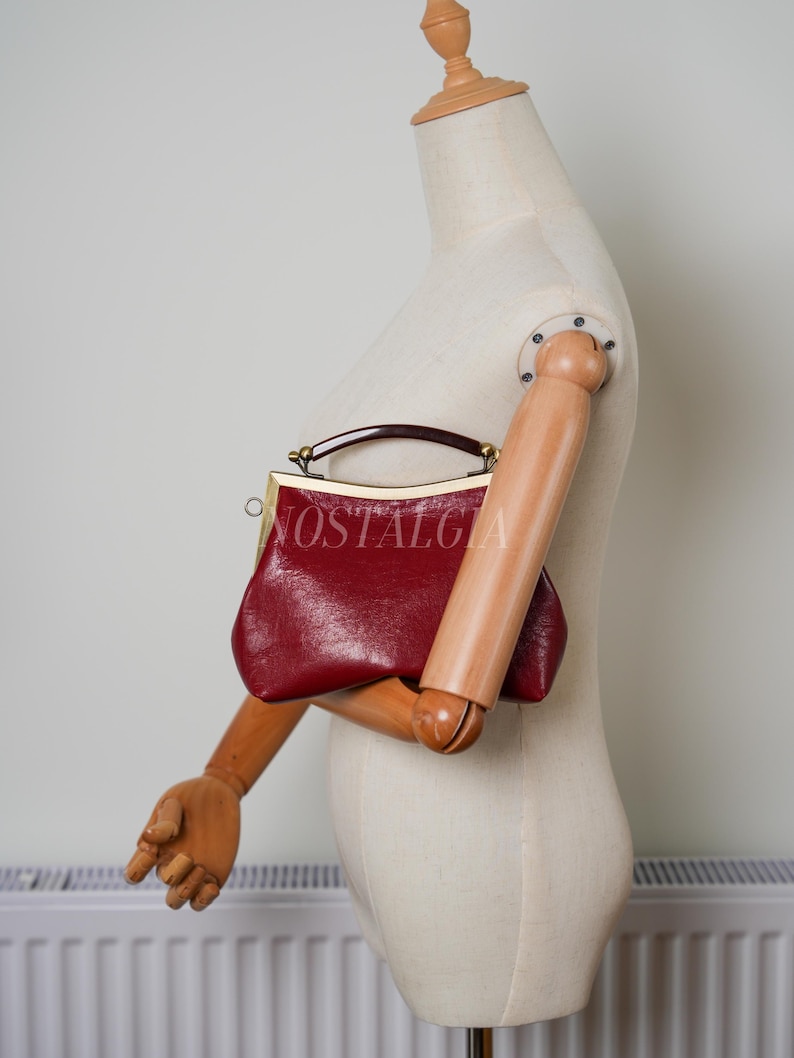 Mae Handmade genuine leather kiss lock clutch Retro crossbody bag gift for her image 20