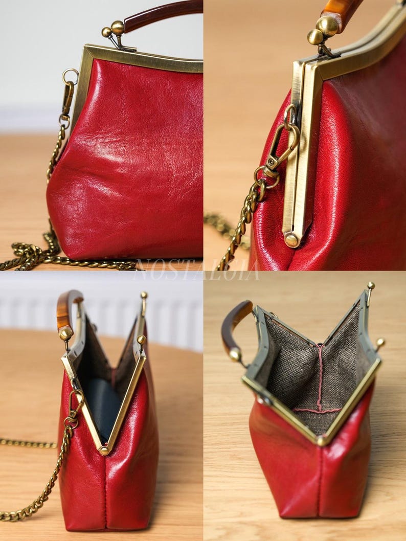 Mae Handmade genuine leather kiss lock clutch Retro crossbody bag gift for her image 8