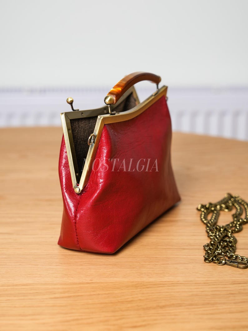 Mae Handmade genuine leather kiss lock clutch Retro crossbody bag gift for her image 15