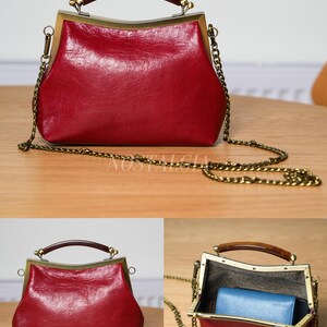 Mae Handmade genuine leather kiss lock clutch Retro crossbody bag gift for her image 4