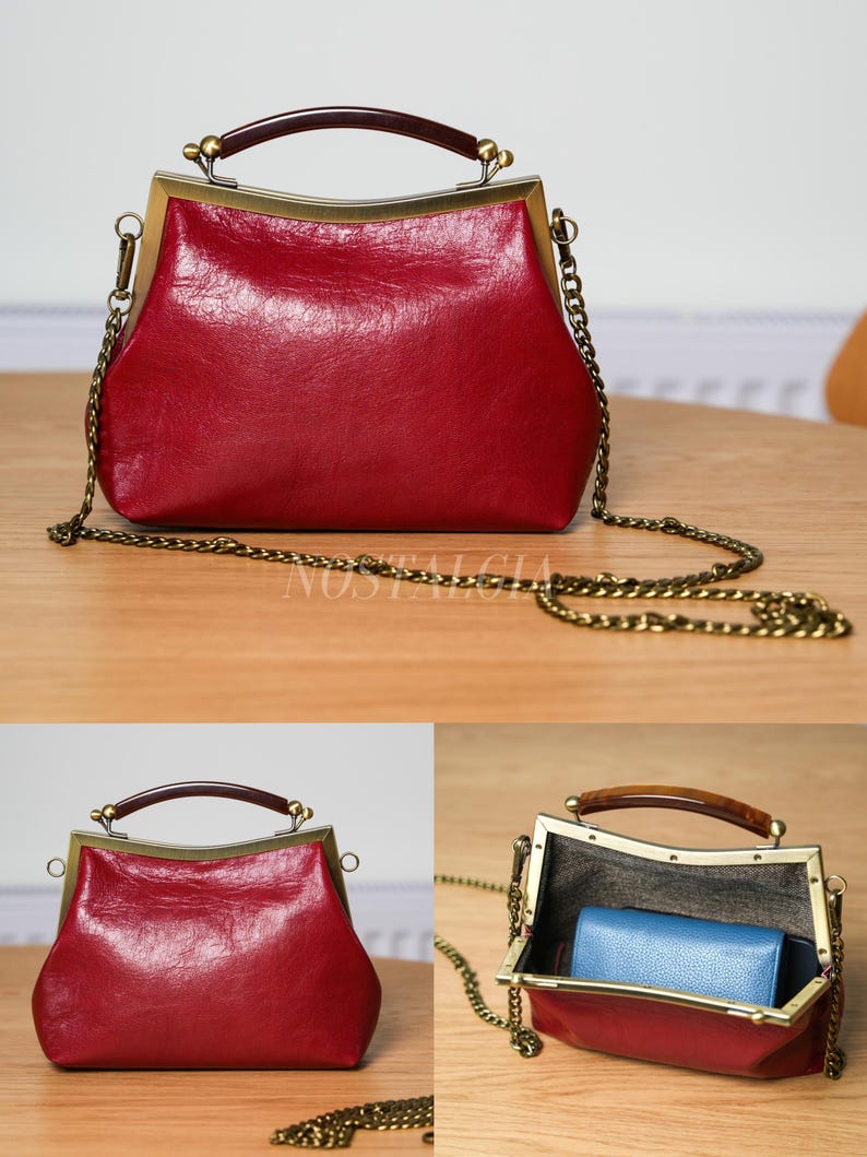 Mae Handmade genuine leather kiss lock clutch Retro crossbody bag gift for her image 4