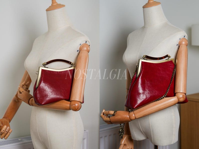 Mae Handmade genuine leather kiss lock clutch Retro crossbody bag gift for her image 11
