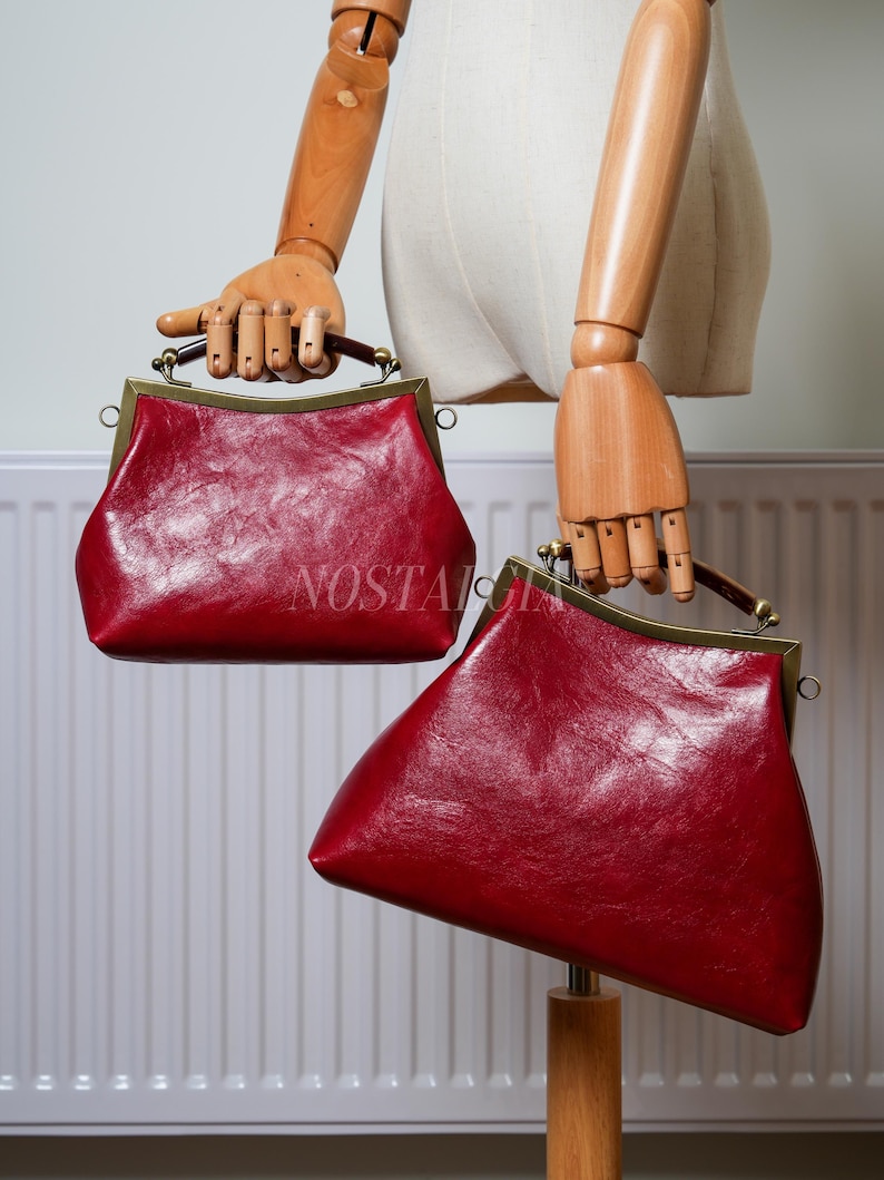 Mae Handmade genuine leather kiss lock clutch Retro crossbody bag gift for her image 3