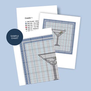 May include: A cross-stitch pattern for a cocktail coaster, featuring a martini glass design. The image includes a sample chart with color codes and a completed coaster image. The words "SAMPLE CHART" are visible.