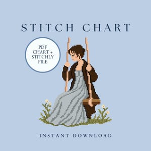 May include: A pixel art stitch chart featuring a person with brown hair in a long light blue dress and a dark brown coat sitting on a wooden swing. The text reads STITCH CHART, PDF CHART + STITCHLY FILE, and INSTANT DOWNLOAD on a light blue background.