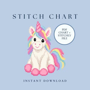 May include: A pixel art unicorn graphic with a white body, pink hooves, and a multi-colored rainbow mane and tail. The text reads STITCH CHART, PDF CHART + STITCHLY FILE, and INSTANT DOWNLOAD. The background is a solid light blue color.