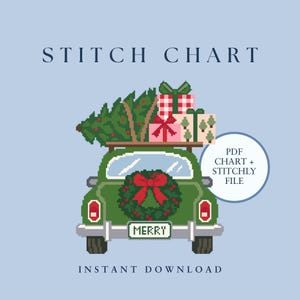 May include: A pixel art cross stitch chart featuring a green car with a Christmas tree and gifts on the roof. A wreath with a red bow is on the back, and the license plate reads MERRY. Text includes STITCH CHART and PDF CHART + STITCHLY FILE.